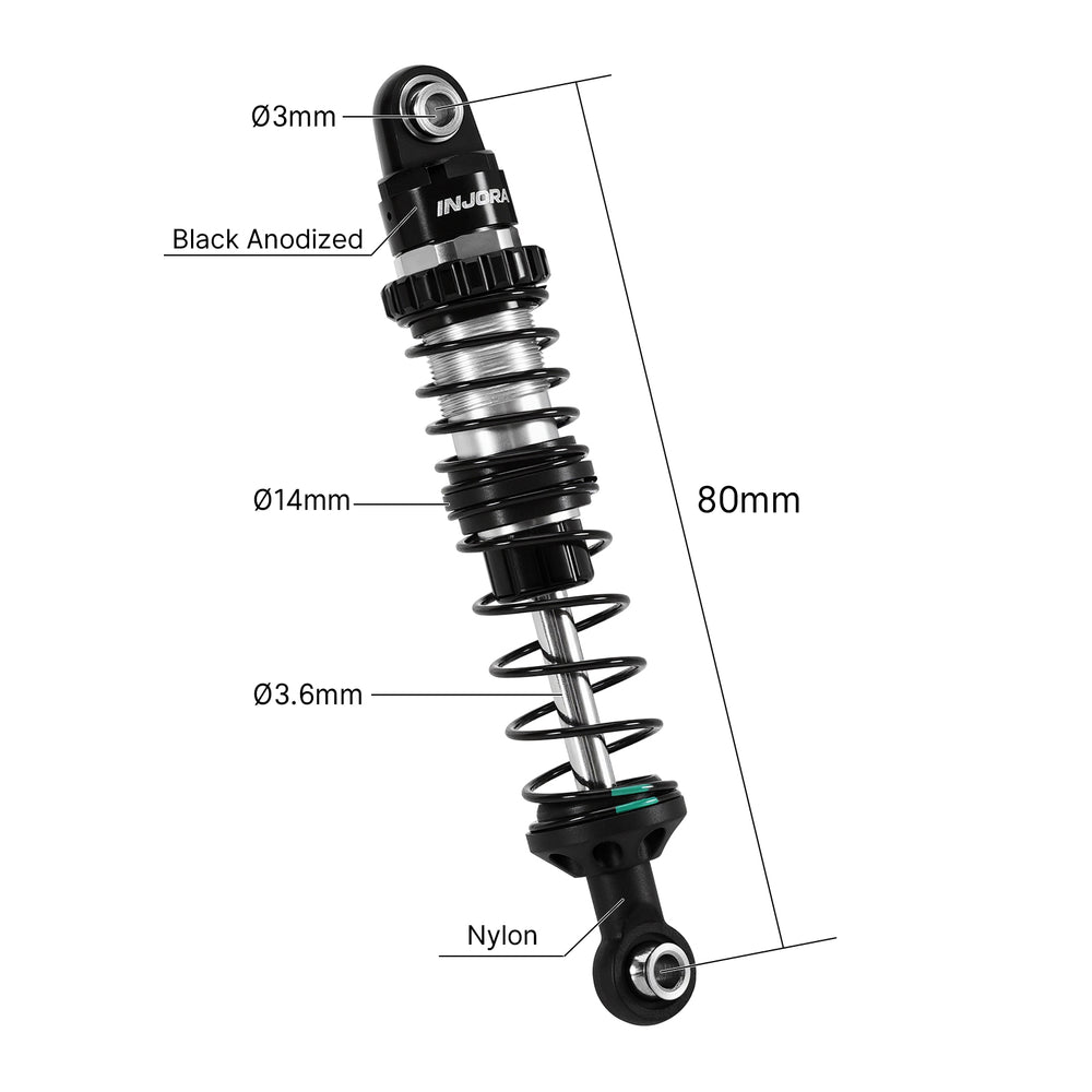 INJORA DRX Dual-Rate Spring Oil Shocks for 1/10 RC Crawlers, 80mm / 90mm / 100mm / 110mm / 120mm