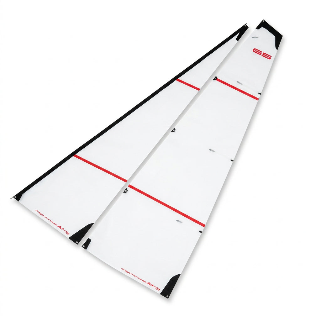 Joysway DF65 V6-V8 A+ Sail Set 50 Micron Mylar JWS-8815001 RC Yacht Sail with small rings on a light grey background