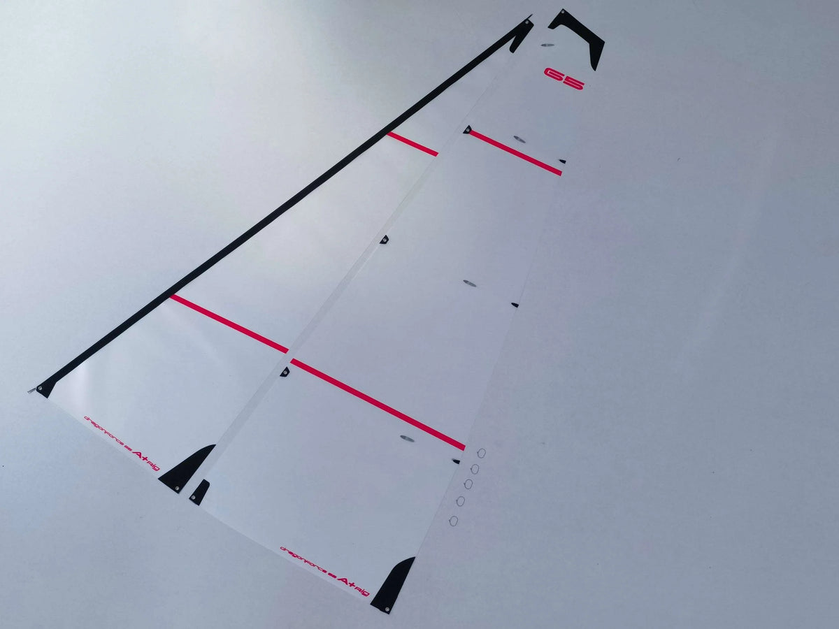 Joysway DF65 V6-V8 A+ Sail Set 50 Micron Mylar JWS-8815001 RC Yacht Sail with small rings on a light grey background