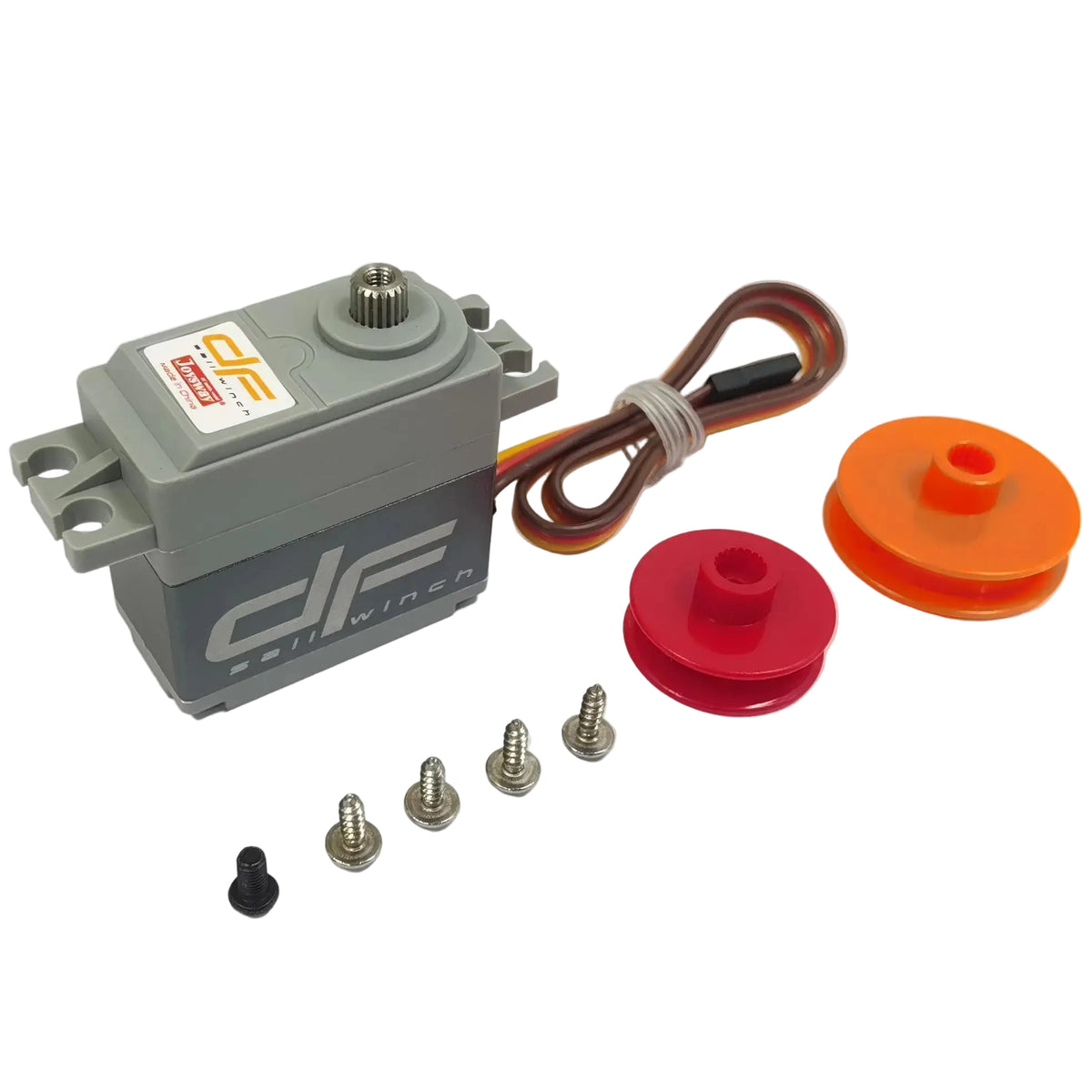 Joysway DF65/95 New 2024 DF Racing Sail Winch Servo + 16mm & 25mm Drums, and screws on a white background