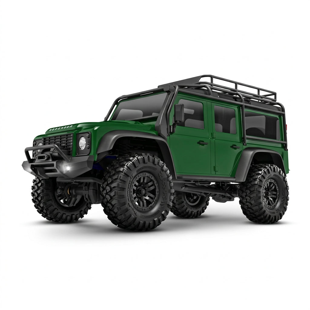 Green off-road vehicle with large tires on a white background