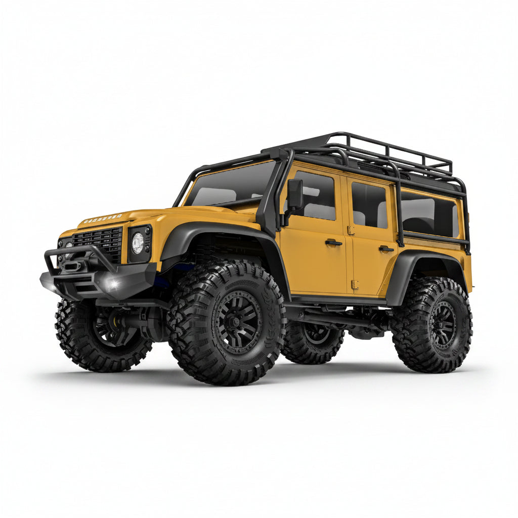 Yellow Traxxas TRX-4M RC Land Rover Defender with large tires on a white background