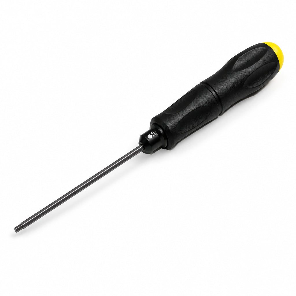 A hex driver with a black textured handle and a bright yellow accent tip, shown diagonally on a plain white background.