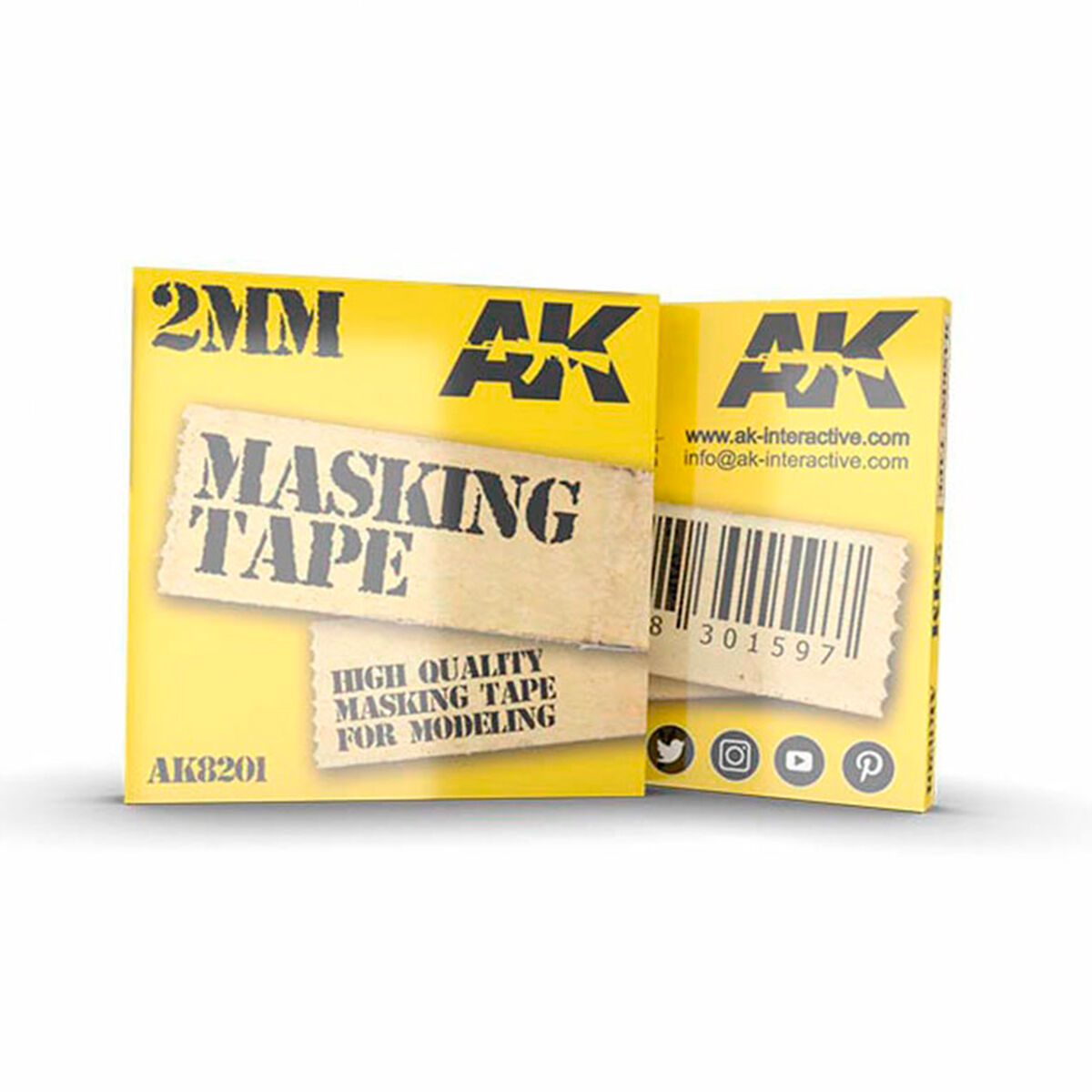 Yellow packaging of AK Interactive 2mm masking tape with text and branding.