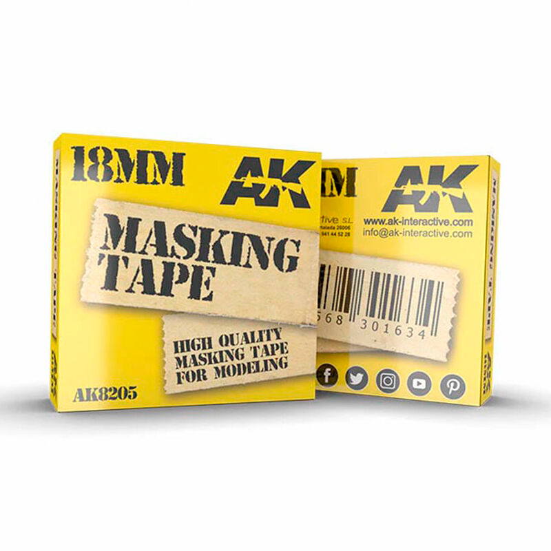 Box of AK 18MM masking tape with yellow and brown design on a white background