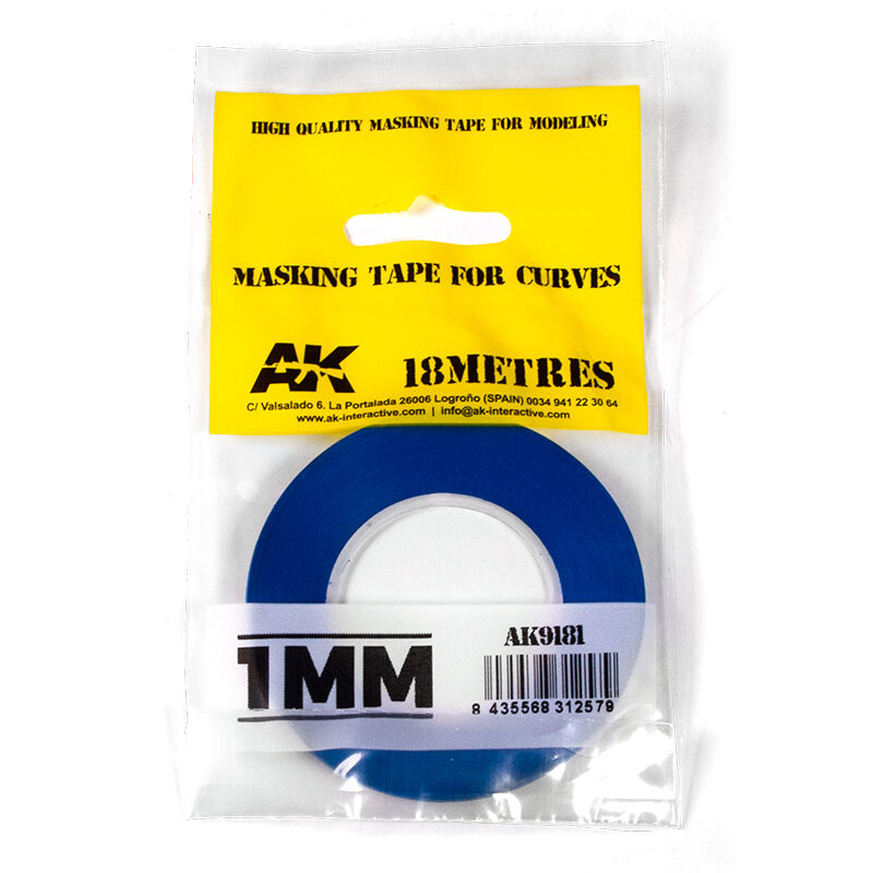 Packaged 1mm masking tape with yellow label and blue tape, featuring AK Interactive branding.