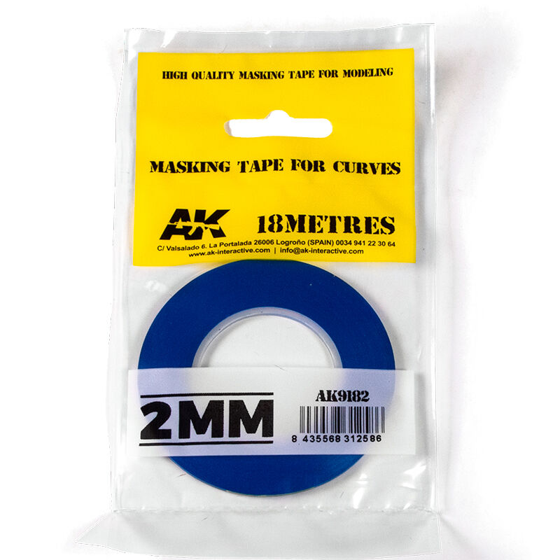 Packaged AK 2mm masking tape for curves with a yellow label and blue tape.