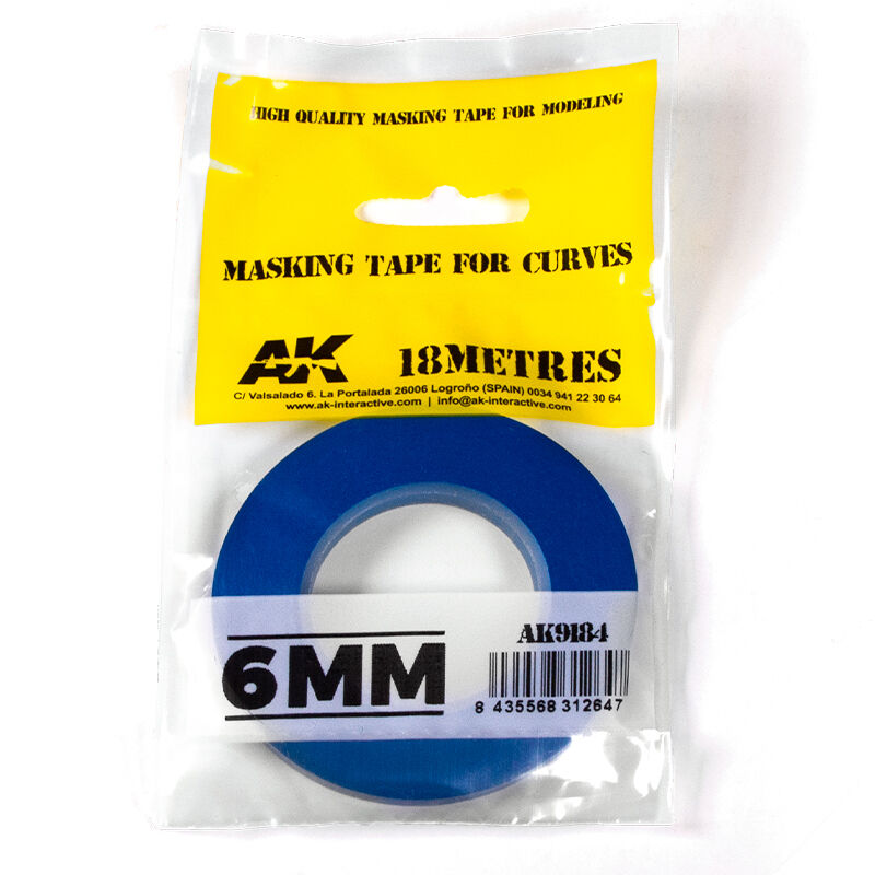 Blue masking tape with yellow packaging labeled '6mm Masking Tape for Curves' by AK on a white background.