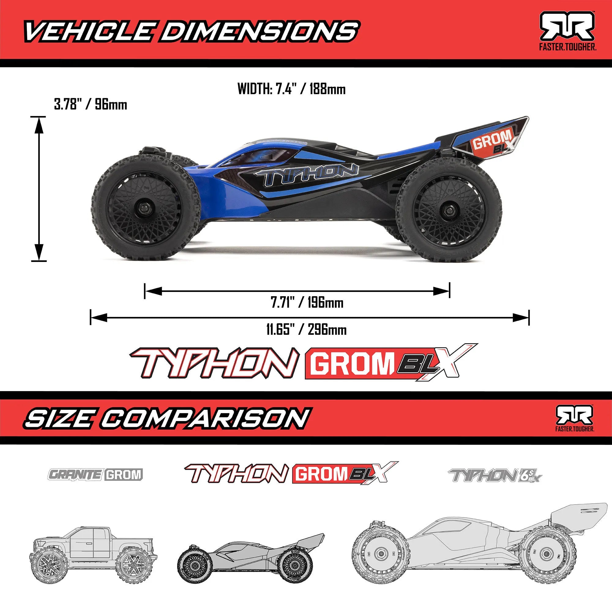 Arrma Typhon Grom 223S DSC Brushless 4X4 1/14 RC Buggy RTR, Red, ARA2306ST1