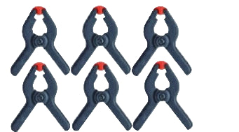 Set of six black clamps with red buttons on a white background