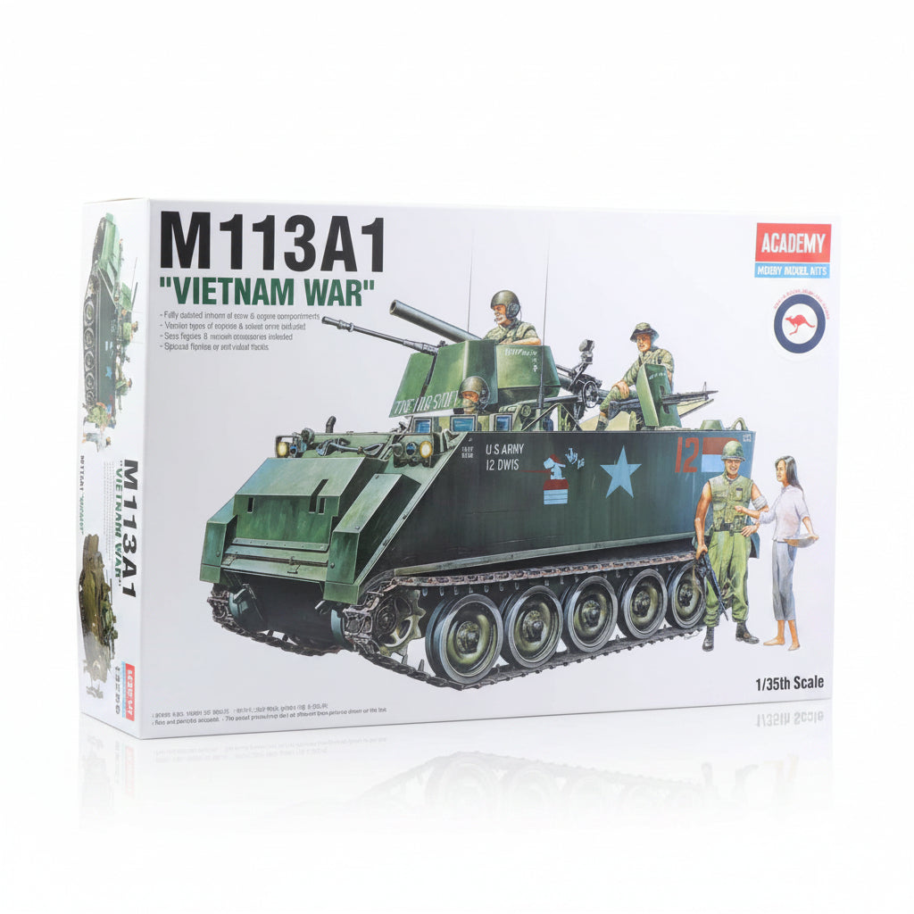 Academy M113A1 Vietnam War with Australian Decals included model kit box, 1/35th scale, featuring a printed illustration of the assembled model vehicle with soldiers and a civilian figure on the front.