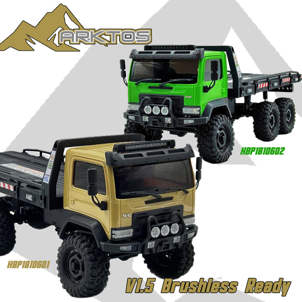 Two Hobby Plus Arktos_V1.5 RC rock crawlers, one green and one Tan, with 'Arktos' branding on a white background.