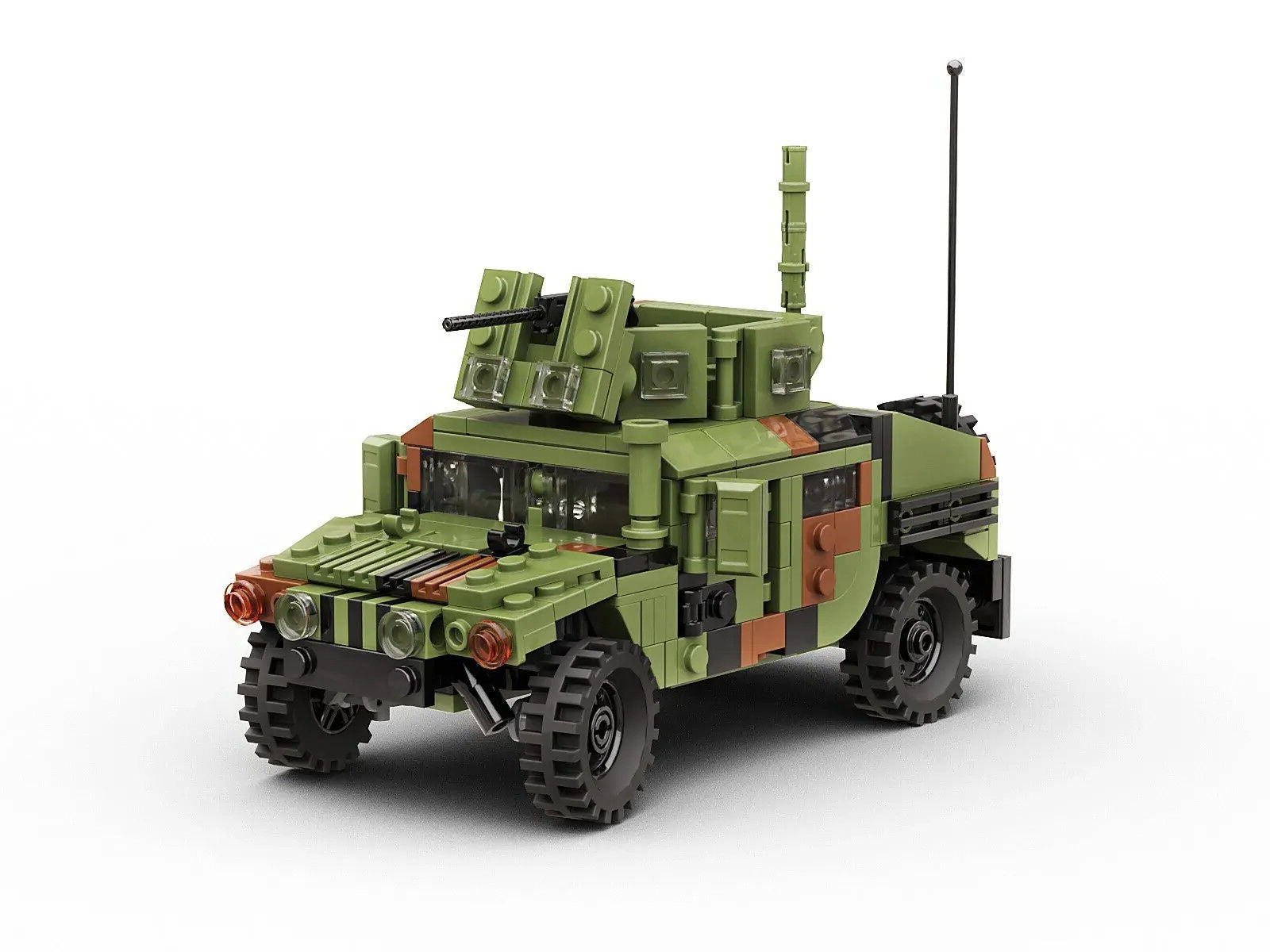 Toy military vehicle made of interlocking bricks on a white background