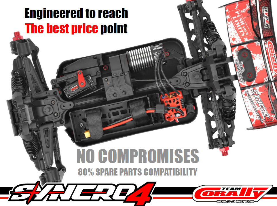 Green Team Corally SYNCRO-4 RC buggy showing suspension system and aerodynamic body design