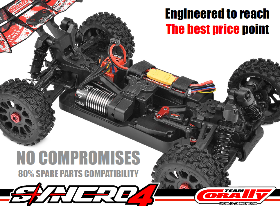 Close-up of Team Corally SYNCRO-4 brushless motor, ESC, and drivetrain components