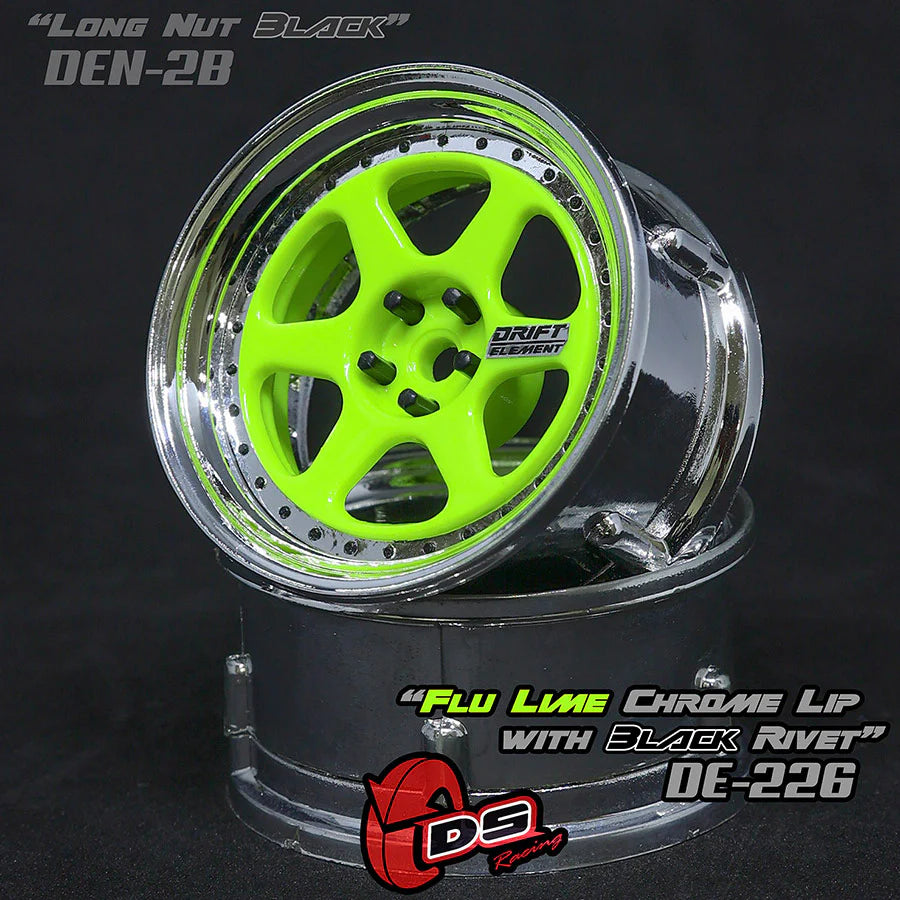 DE 6 Spoke Wheel Set - Flu Lime/Chrome Lip w/ Black Rivets - [Sunshine-Coast] - DS Racing - [RC-Car] - [Scale-Model]