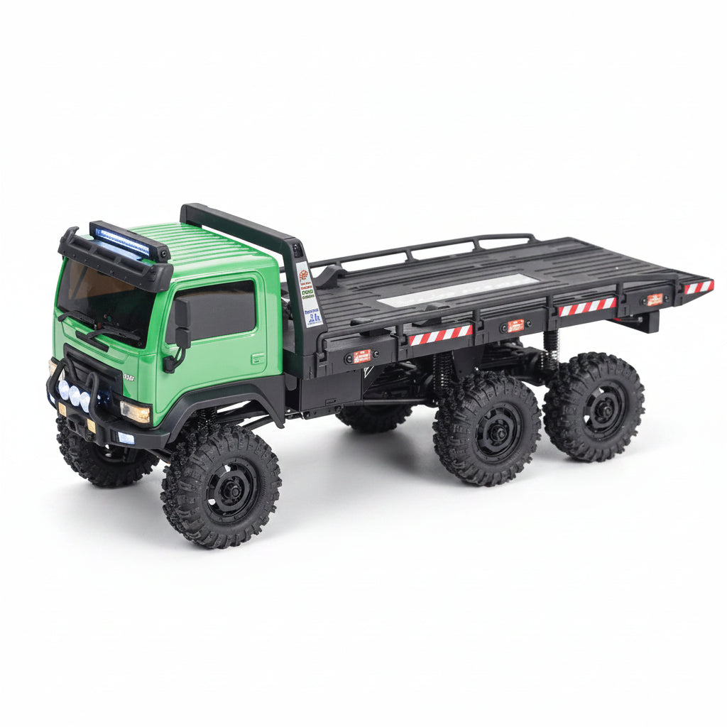 Green Hobby Plus Arktos_V1.5 6 Wheel drive RC Crawler with a flatbed on a white background