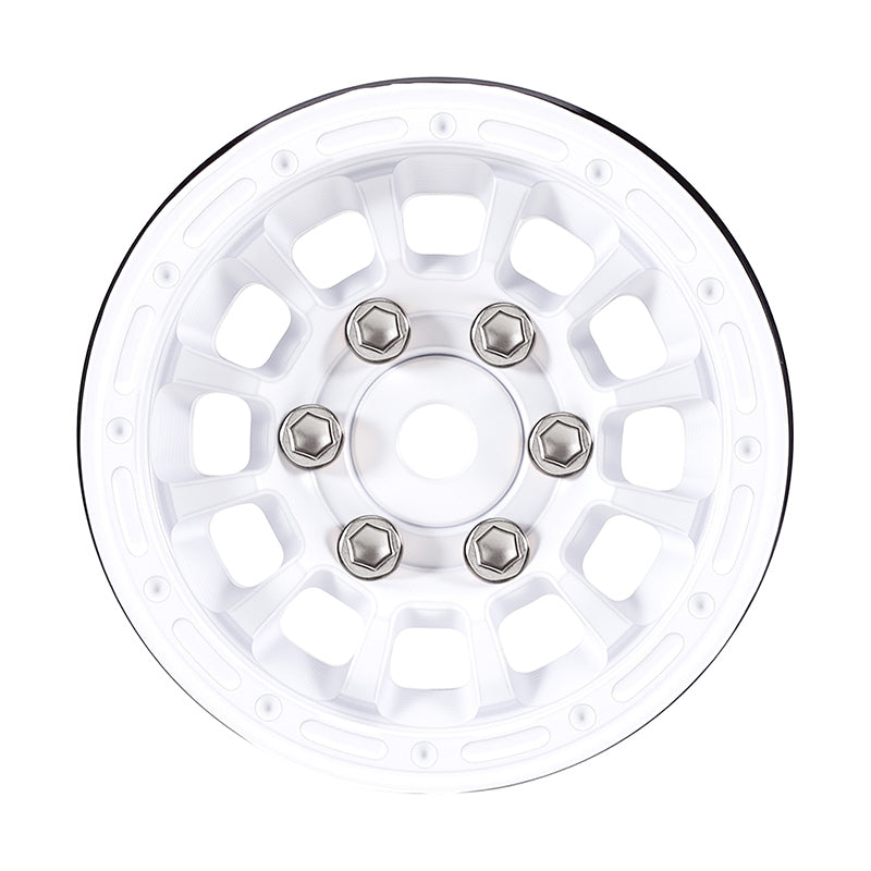 White wheel rim with metallic bolts on a white background