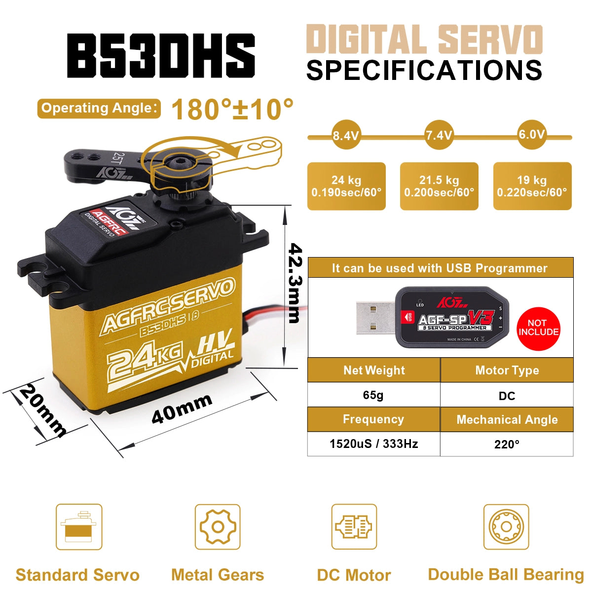 AGFRC Digital Wide Voltage Programmable High Torque MG Gear Servo(B53DHS)