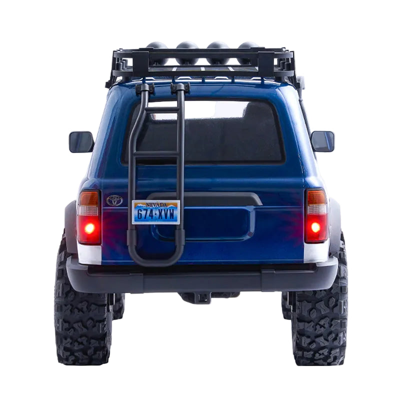 Blue SUV with a roof rack and ladder on a white background
