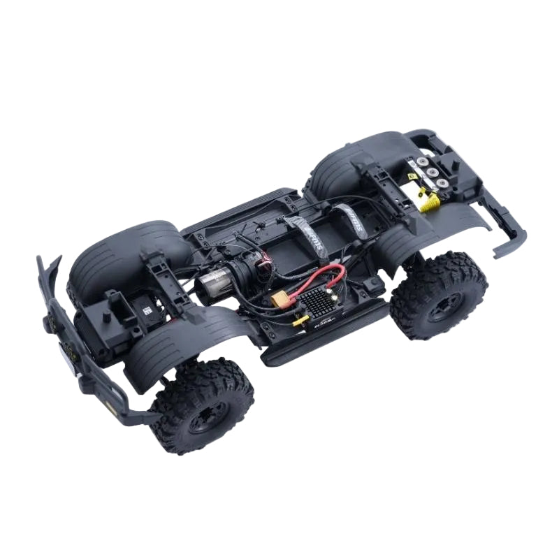 Black off-road vehicle chassis with wheels on a white background