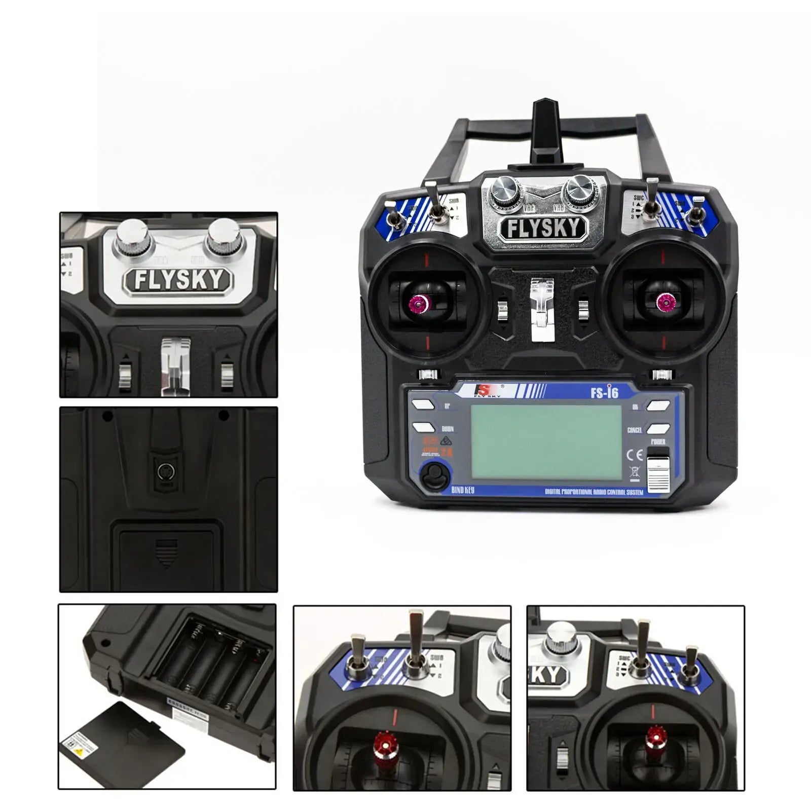 FlySky FS-i6X top view showing 6 switches and dual gimbals