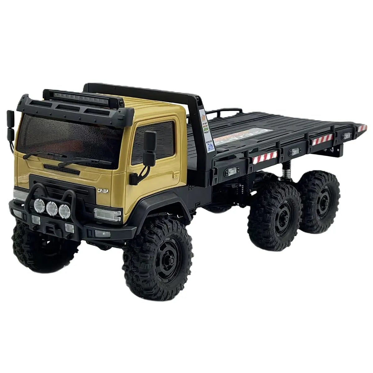 Toy truck with a yellow body and black details on a white background
