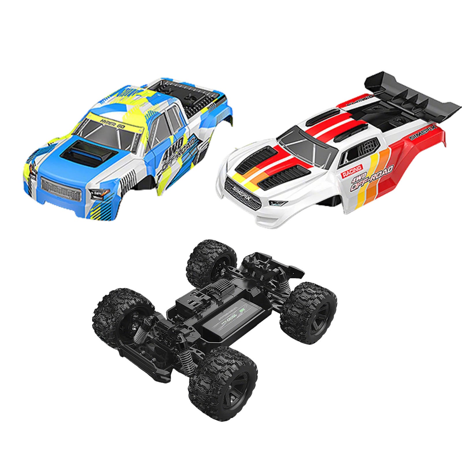 MJX-18208 remote control car with the 2 included bodys one blue and one red  on a white background