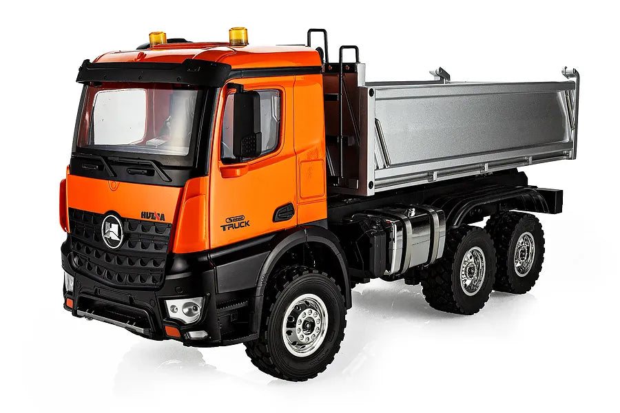 Huina HN1598 1/14 scale electric 4WD RTR dump truck in orange on a white background.