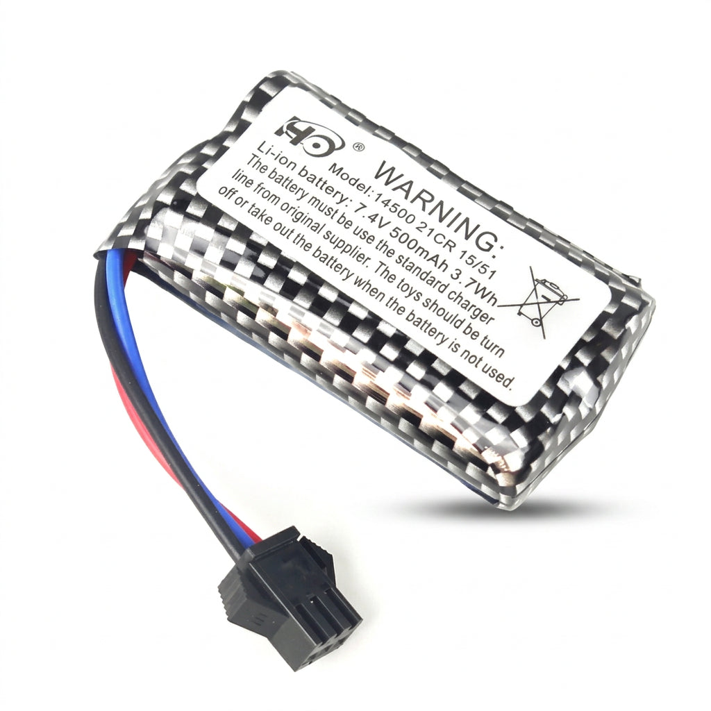 Battery pack with warning label on a white background