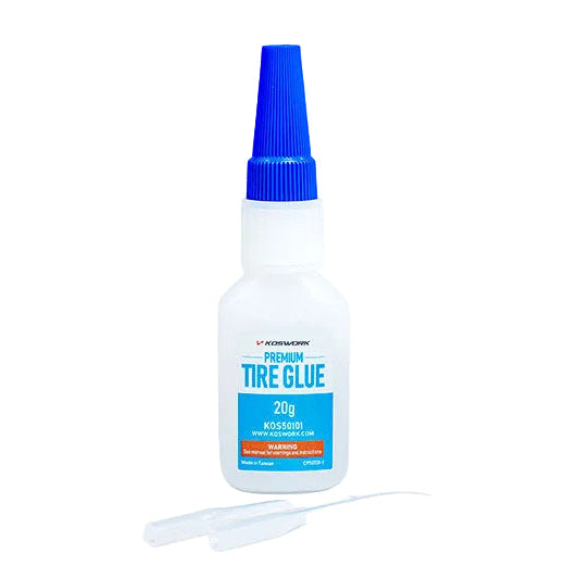 Bottle of KOSWORKS - Tire Glue 20g w/Pin Cap and Tips with blue cap on a white background