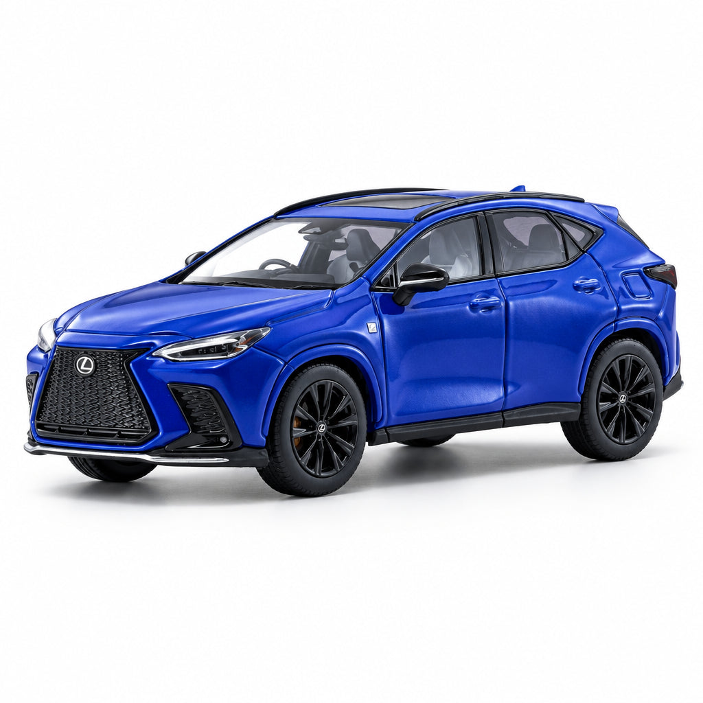 A metallic blue Lexus SUV model or toy car shown at a three-quarter front angle on a clean white studio background with a soft reflection underneath.