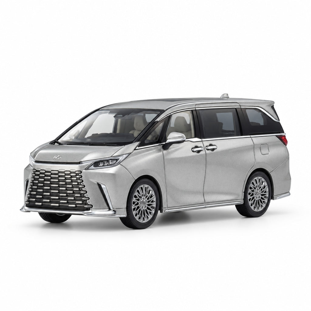 A silver Toyota Alphard miniature model car, shown from a three-quarter front angle on a clean white studio background with a soft reflection underneath.