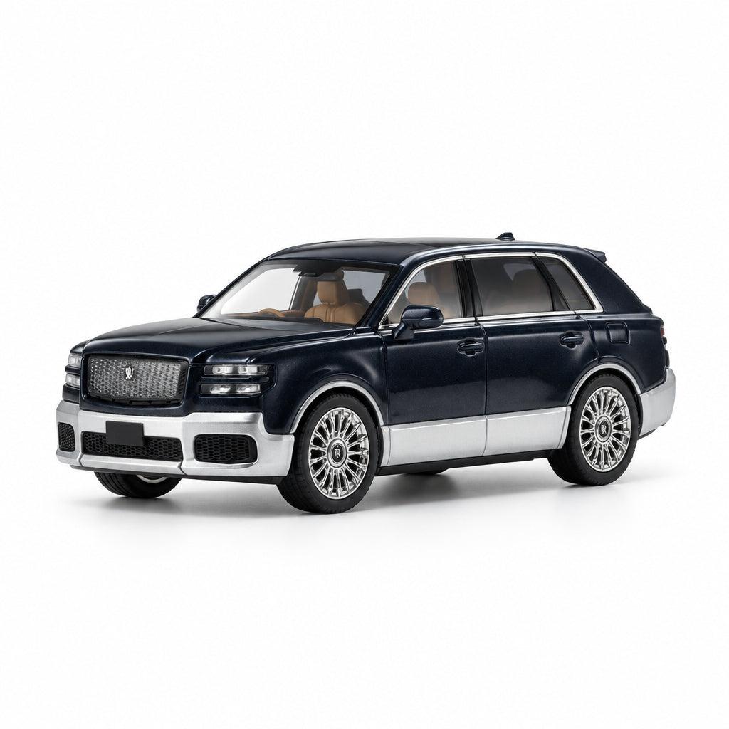 A miniature model of a luxury SUV,  shown from a three-quarter front angle on a clean white reflective studio surface.
