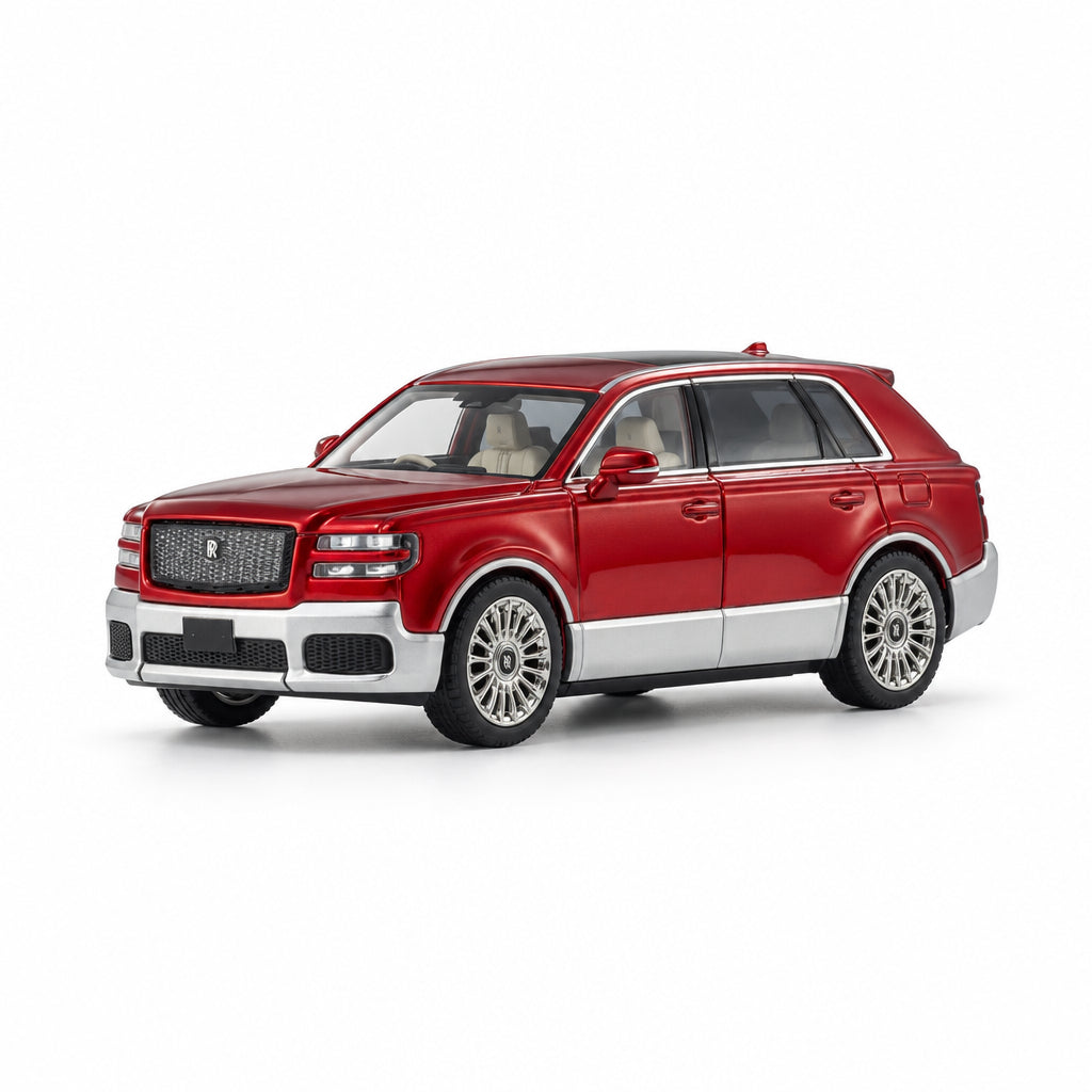 A red and silver model SUV toy car with chrome wheels, shown from a three-quarter front angle on a clean white studio background.