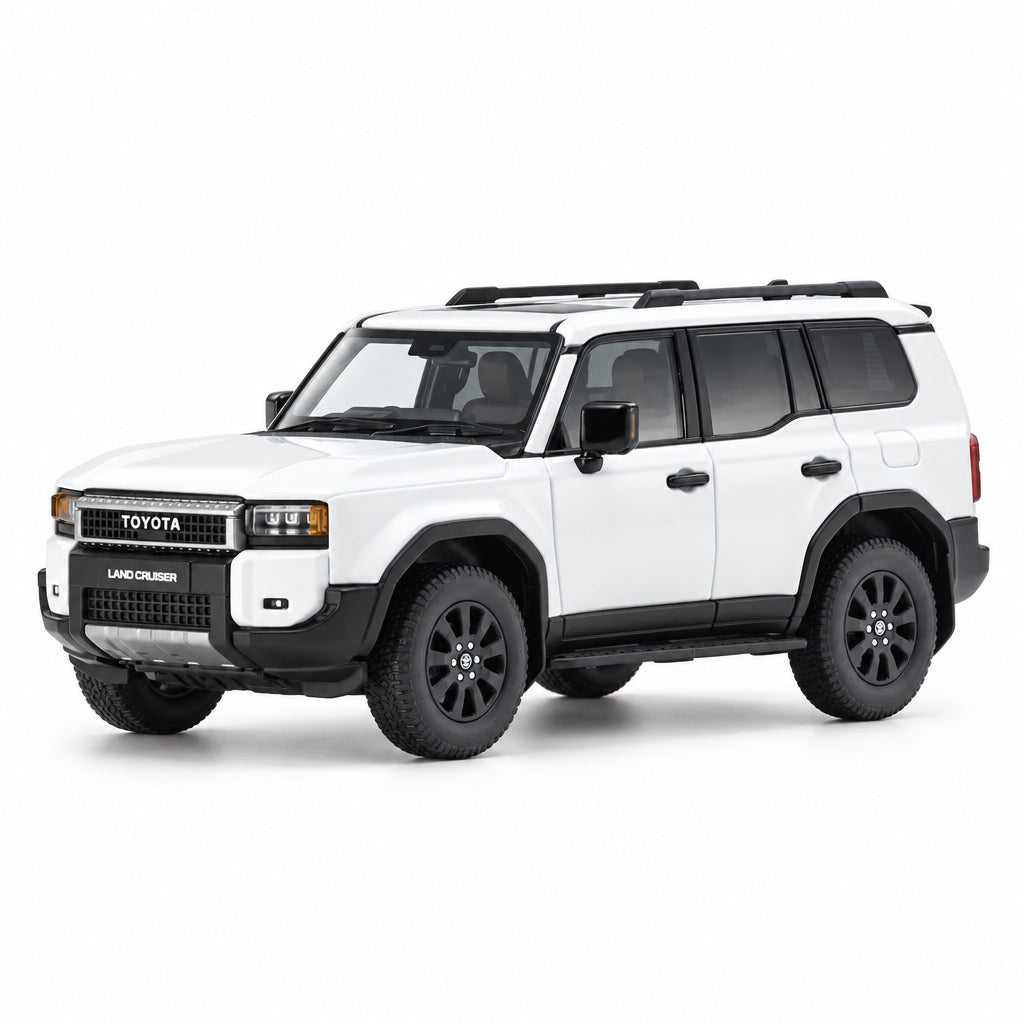 A white Toyota Land Cruiser SUV model with black trim, black wheels, and roof rails, photographed on a clean white background with a subtle reflection underneath.