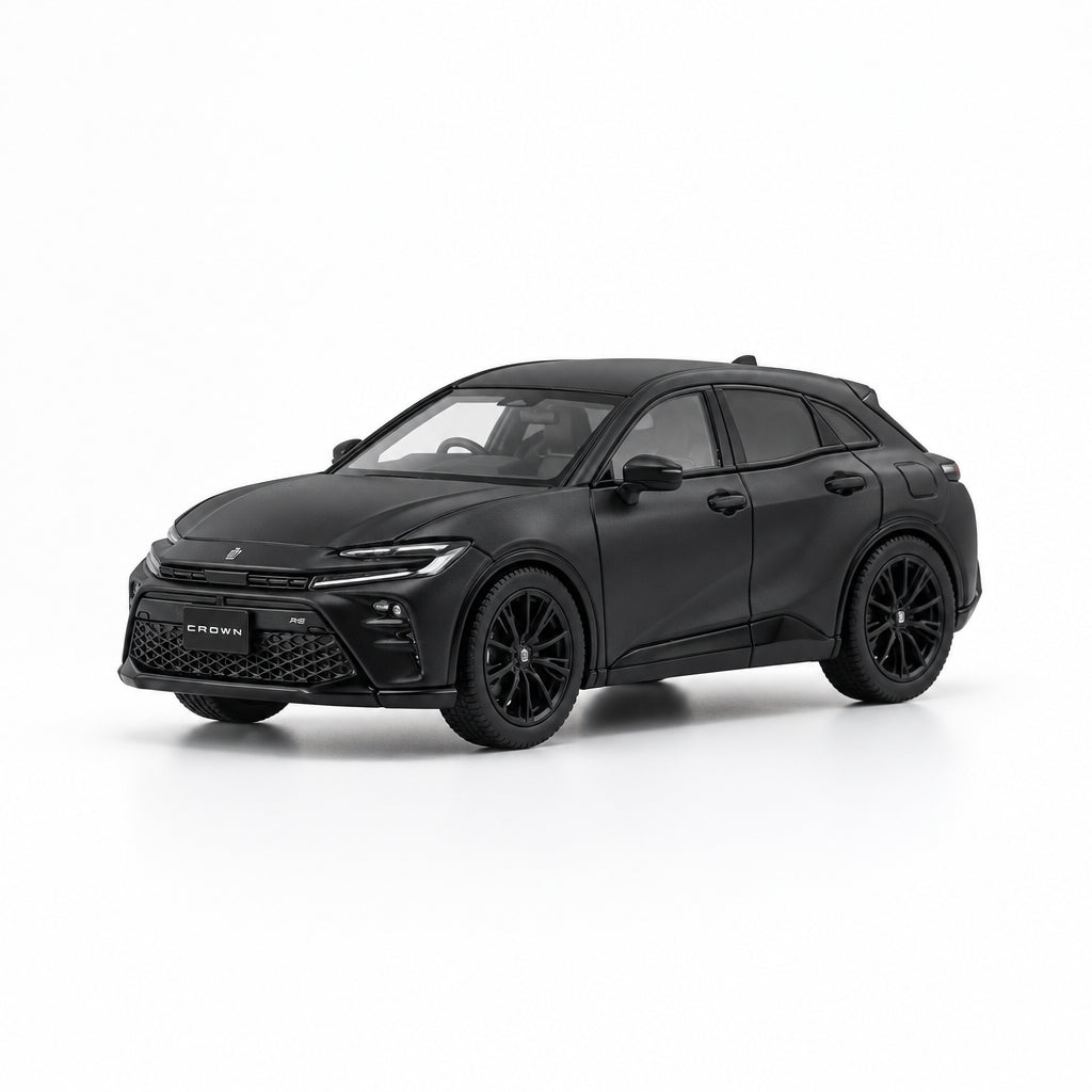 A matte black diecast model car, resembling a compact crossover SUV, shown from a three-quarter front angle on a clean white studio background.