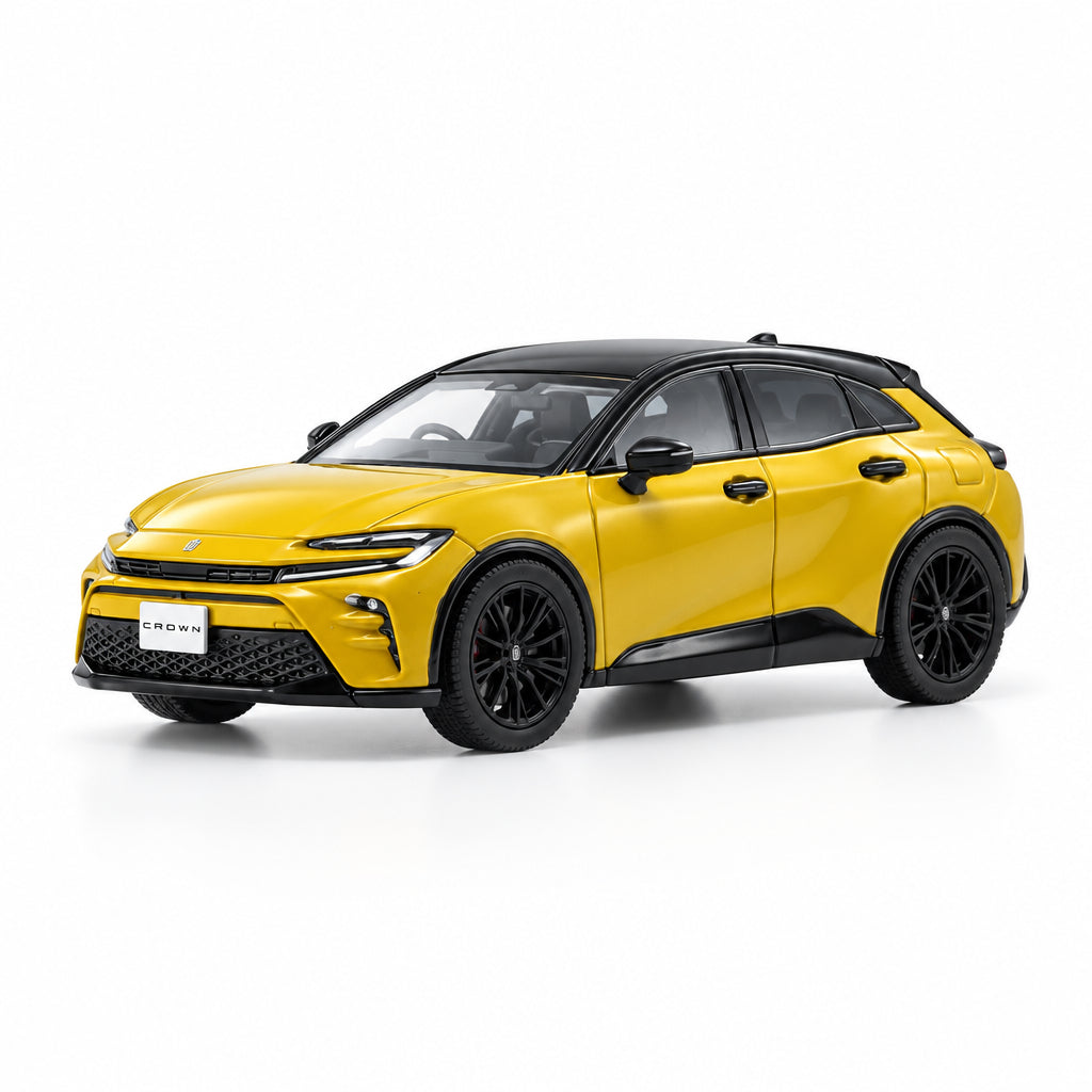 A metallic yellow compact SUV with a black roof, black side steps, and black wheels, photographed from a three-quarter front angle on a clean white studio background.