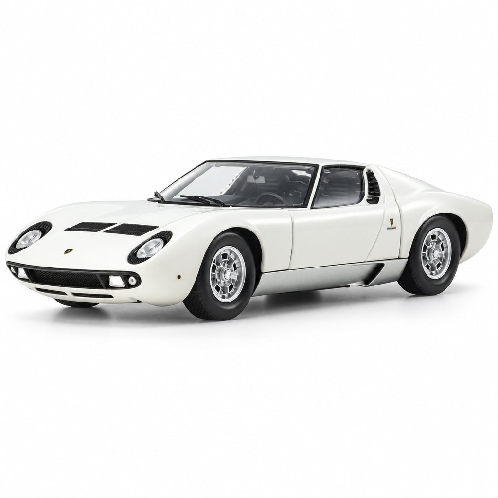 A white classic sports car model with black racing stripes on the hood, silver multi-spoke wheels, and a black windshield, shown on a clean white background.