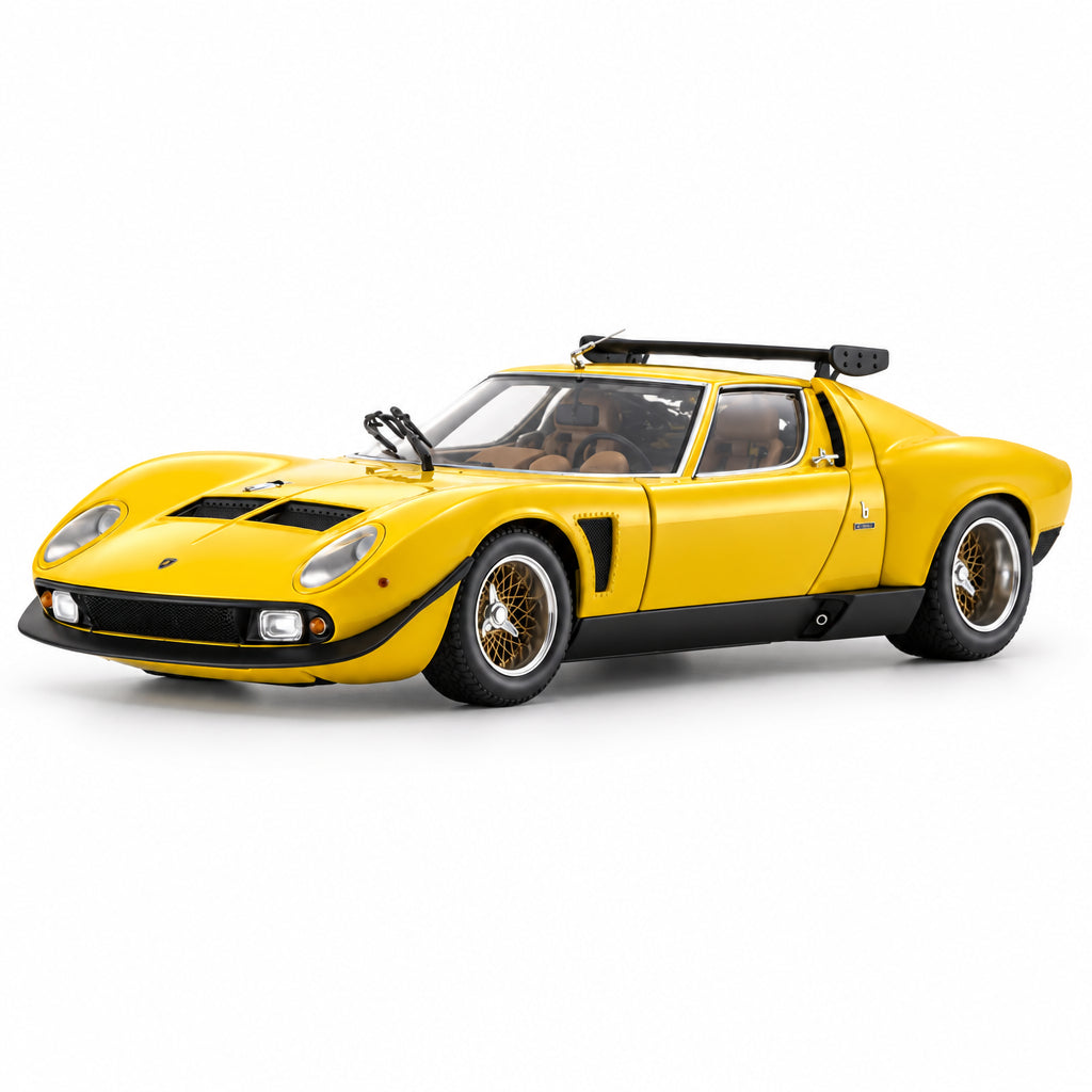 A yellow model sports car with black accents, featuring a low-slung body, black stripes on the hood, black side skirts, and a black roof spoiler, shown on a reflective white surface against a white background.
