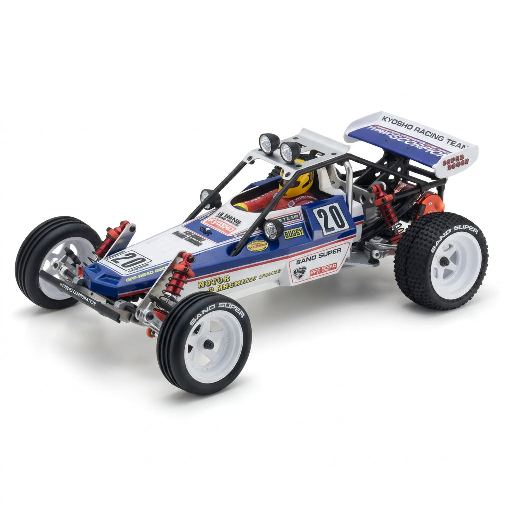 Model race car with branding on a white background