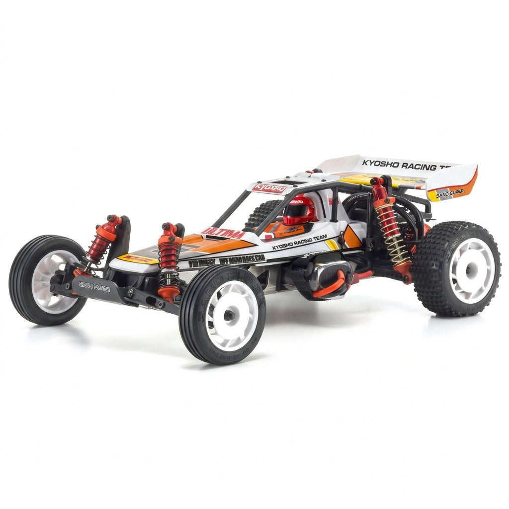 A 1/10 scale remote control drift racing car on a clean white background. The car features a white body with orange, black, and red graphics, including Kyoshin Racing livery on the rear wing and side panels.