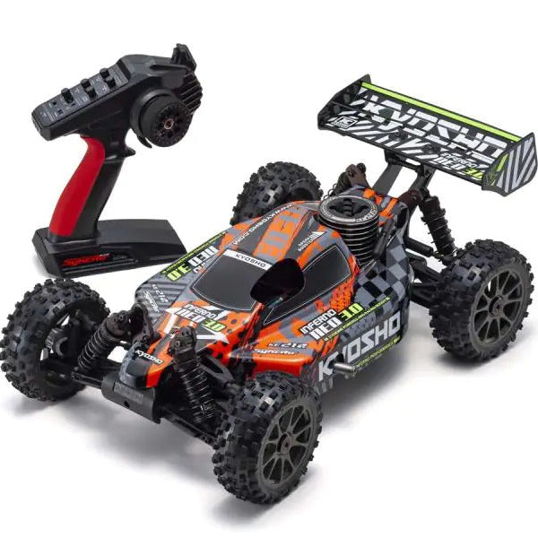 A red and black Kyosho Inferno NEO 3.0 remote control buggy car with orange accents, equipped with a chassis, wheels, and a high-performance engine.