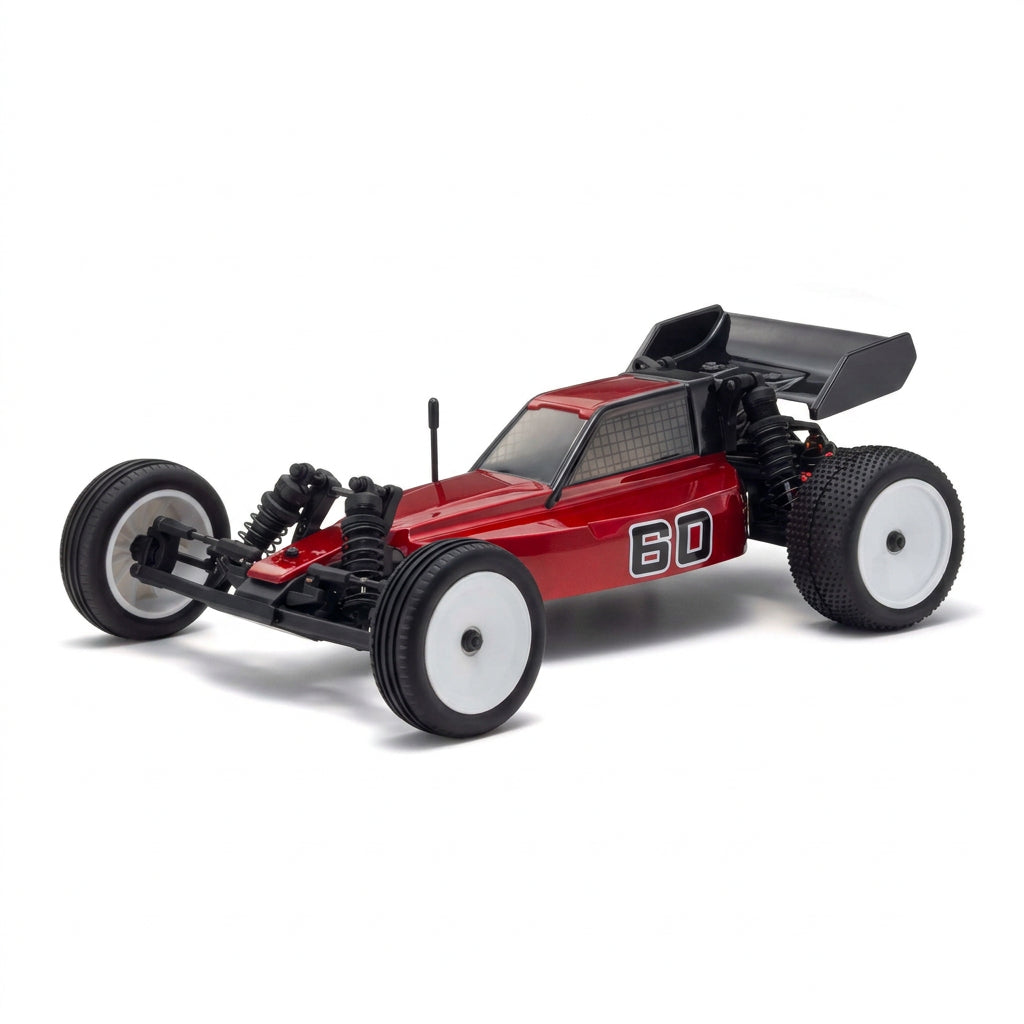 Red and black remote control car on a white background