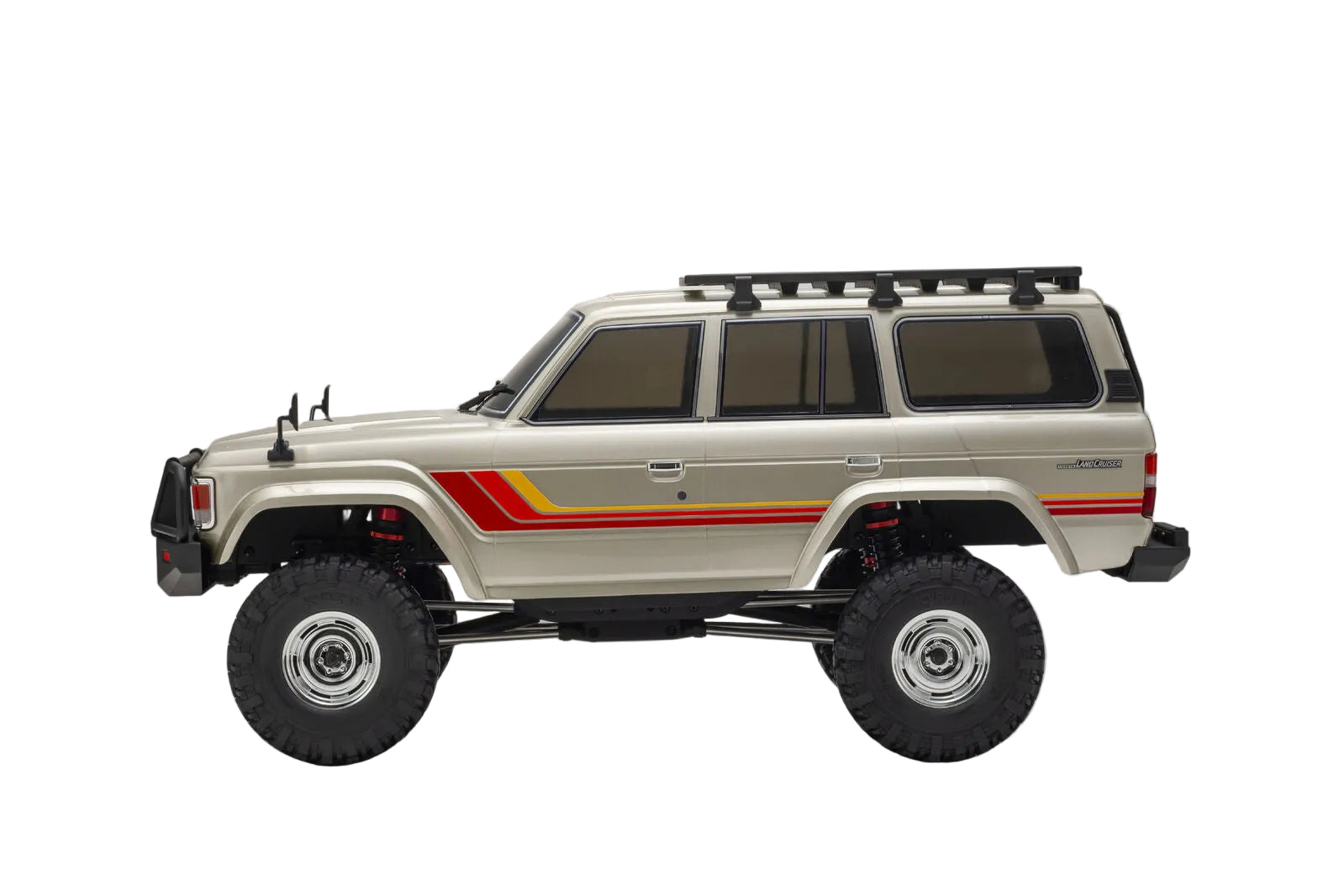 Model of a vintage SUV with a beige body, black wheels, and red and yellow stripes on a gray background