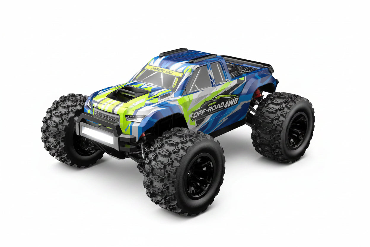 Blue and green MJX-14208 monster truck model on a white background
