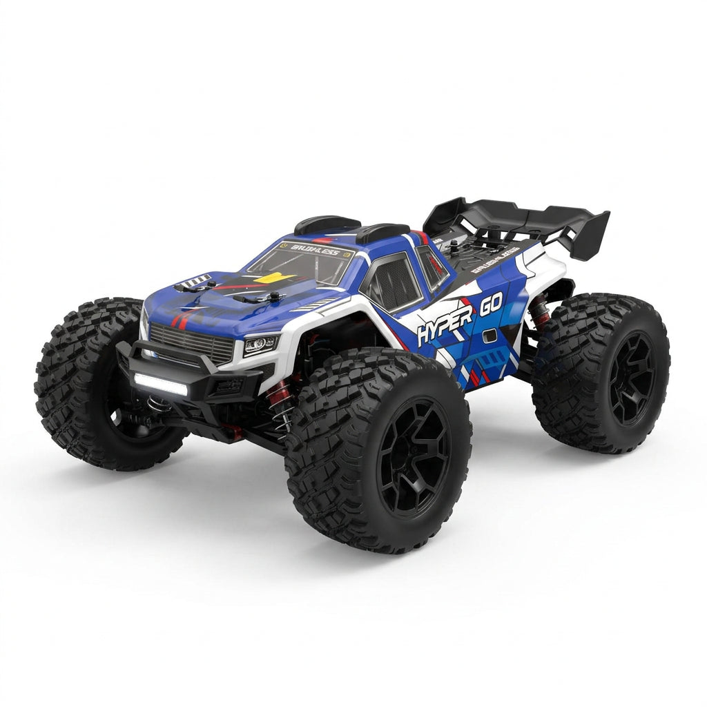 A blue, white, and black remote control monster truck with large off-road tires, shown from a three-quarters angle on a white background.