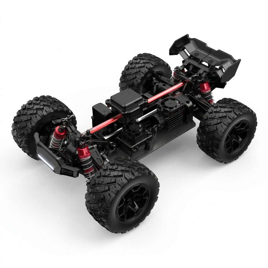Black off-road vehicle chassis with large tires on a white background