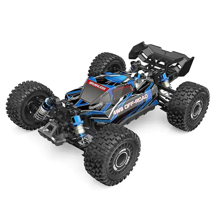 Off-road RC car with black and blue design on a white background