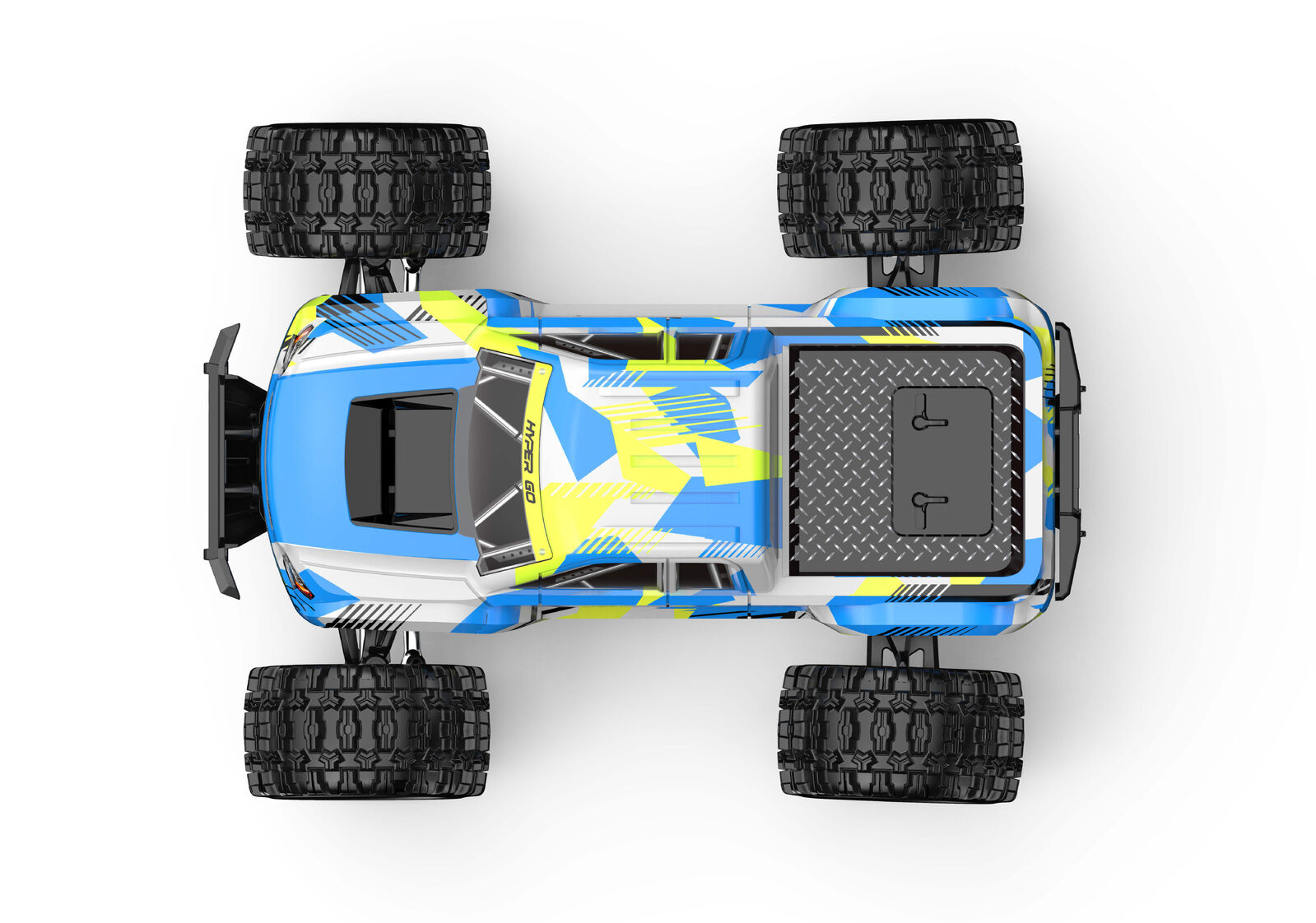 Top view of a colorful MJX-18208 remote control car on a white background